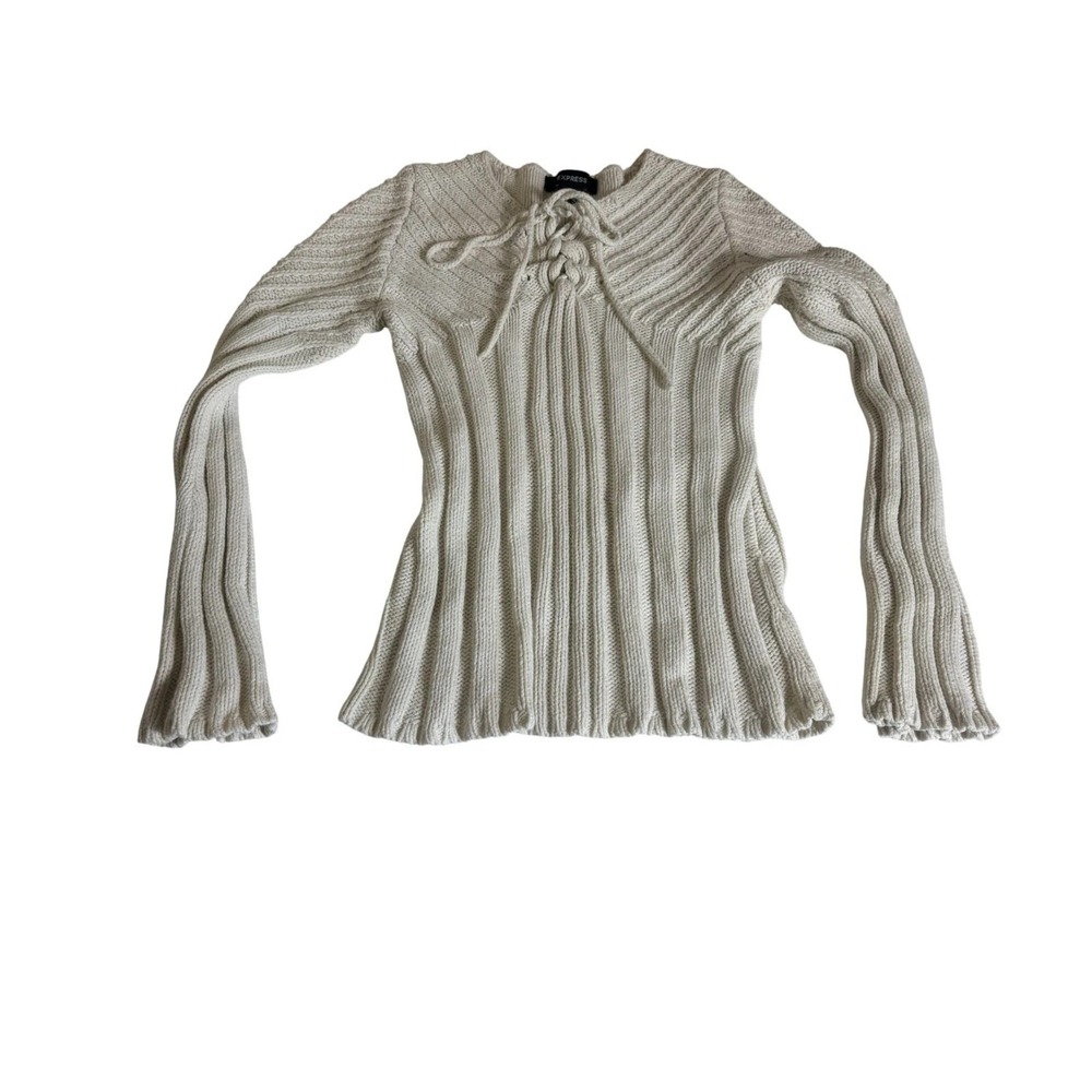 Express Sweater Womens XS White Ribbed Knit Stretch Long Sleeve V Neck Lace Up